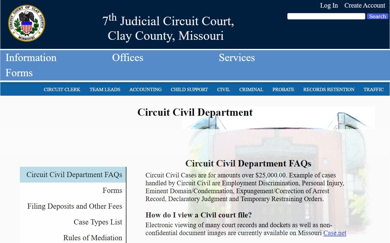 Clay County Circuit Court Civil Department page with thresholds and case types