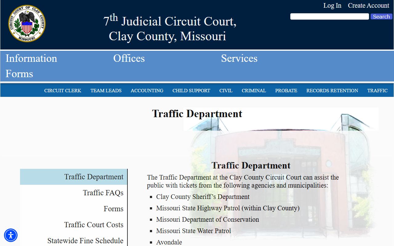 Clay County Circuit Court Traffic Department page with payment options and agency list