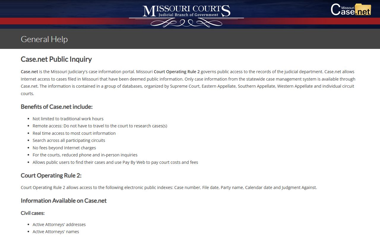 Clay County Circuit Clerk Case.net help page for public case access