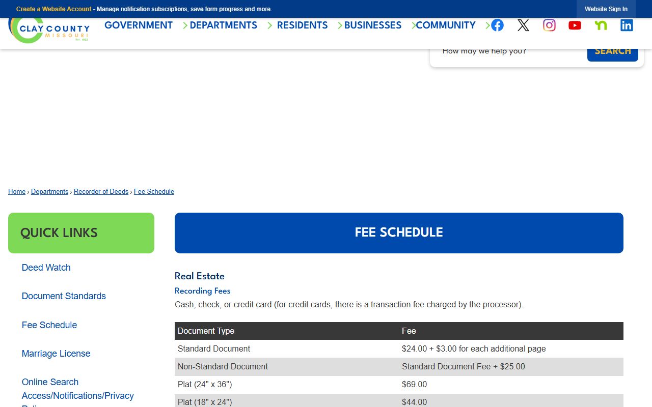 Clay County Recorder of Deeds fee schedule page