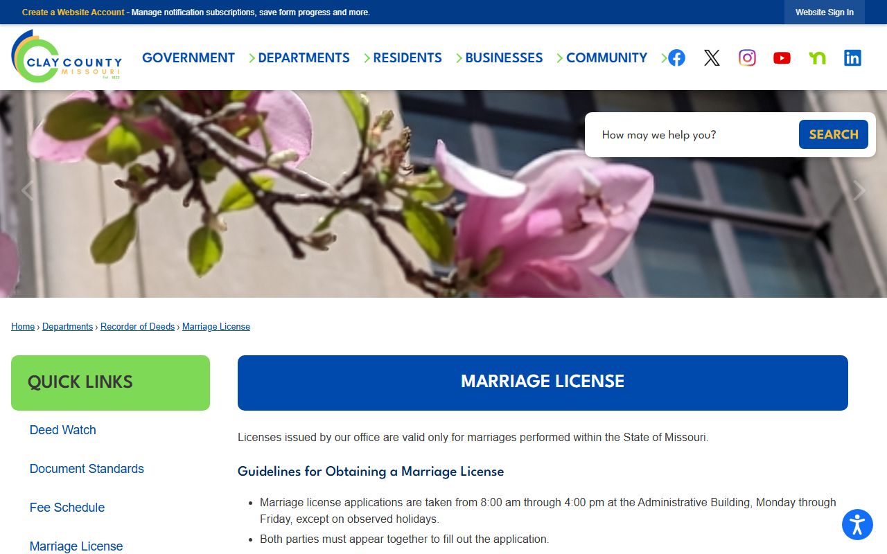 Clay County Recorder of Deeds marriage license application page