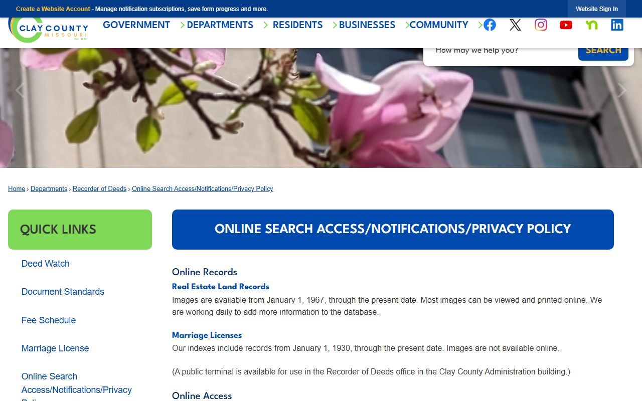 Clay County Recorder online land and marriage index search page