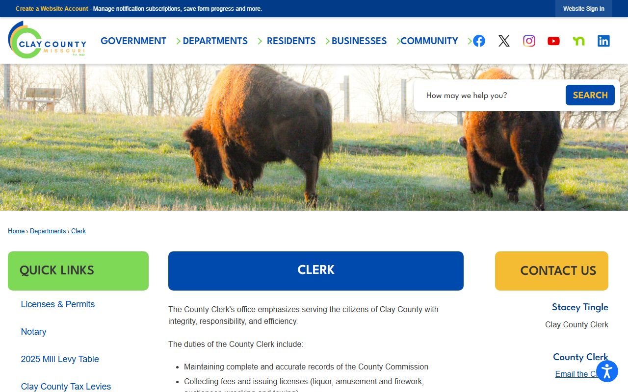 Clay County Clerk official page with duties, licenses, and notary processing