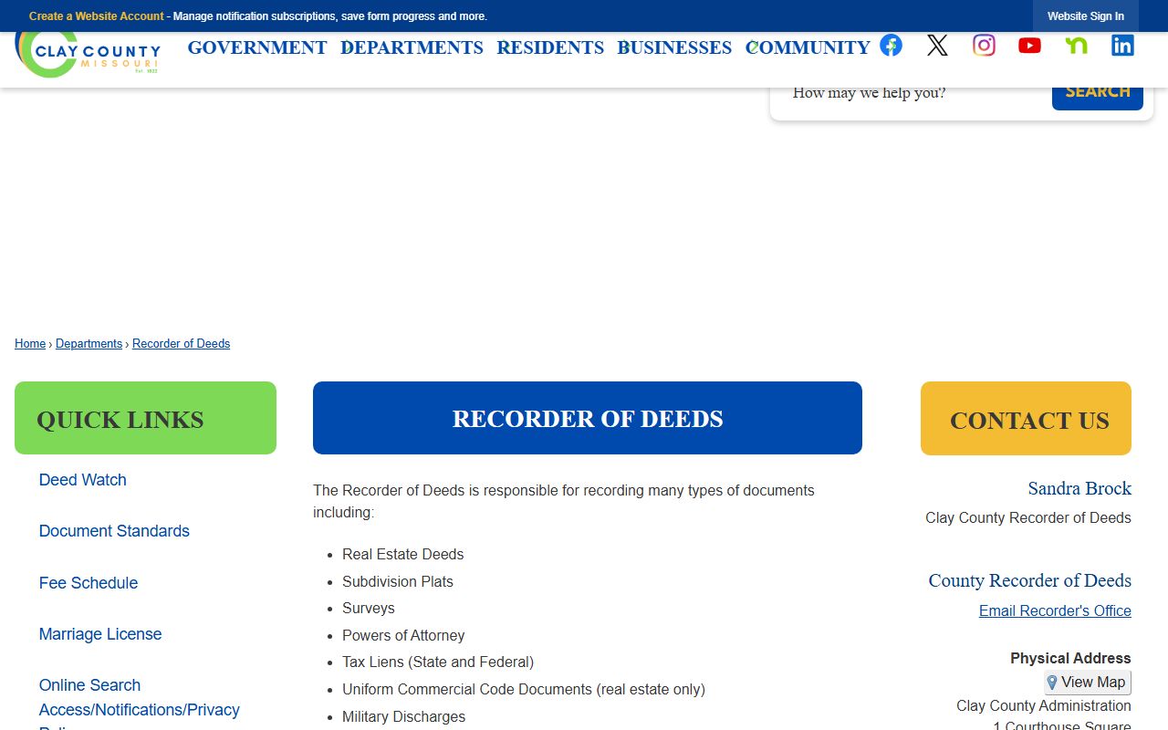 Clay County Recorder of Deeds page listing recorded document types and access notes