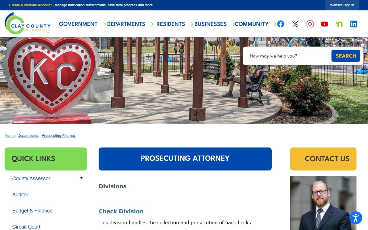 Clay County Prosecuting Attorney official page with divisions and contact