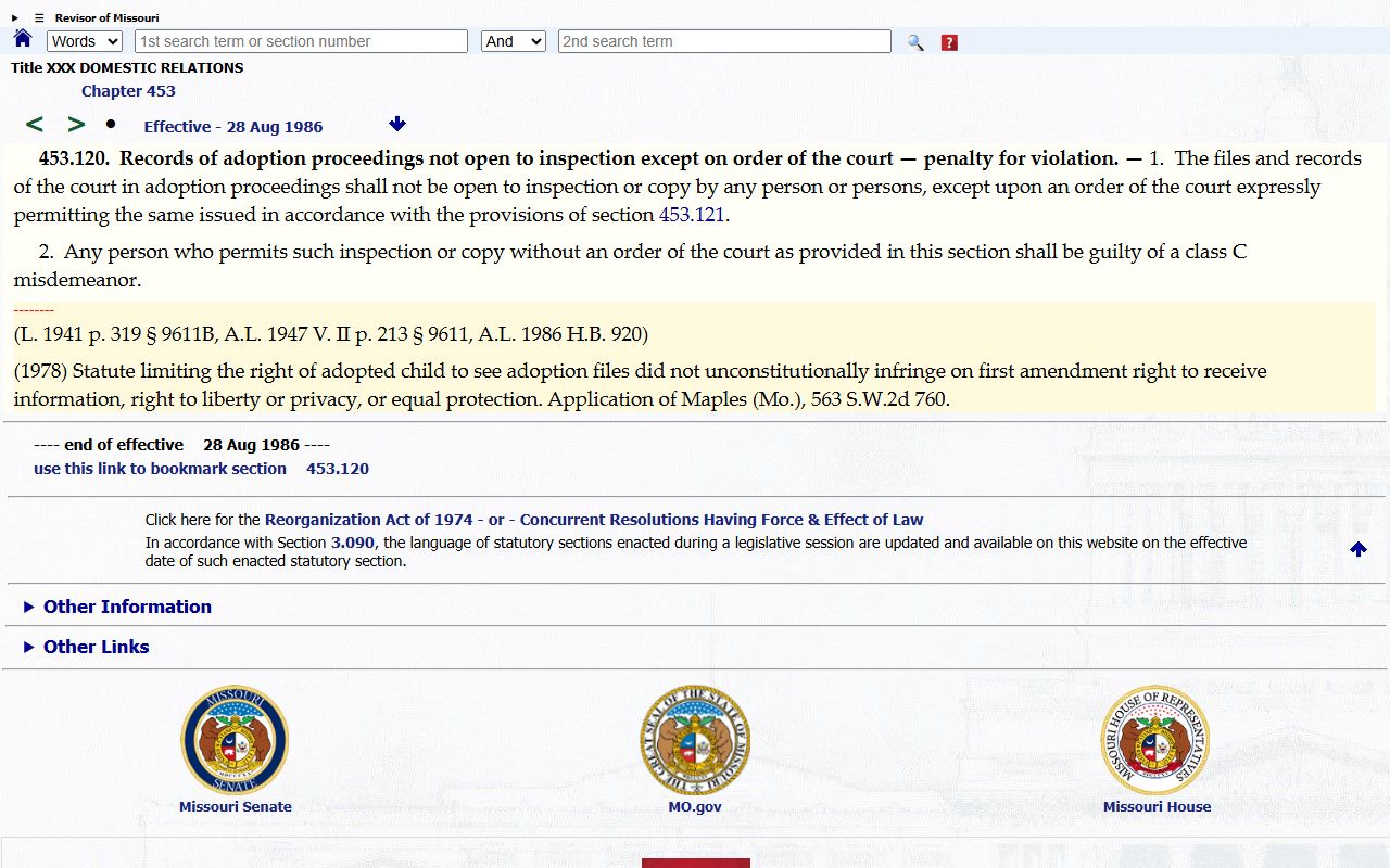Clay County probate records adoption confidentiality statute RSMo 453.120