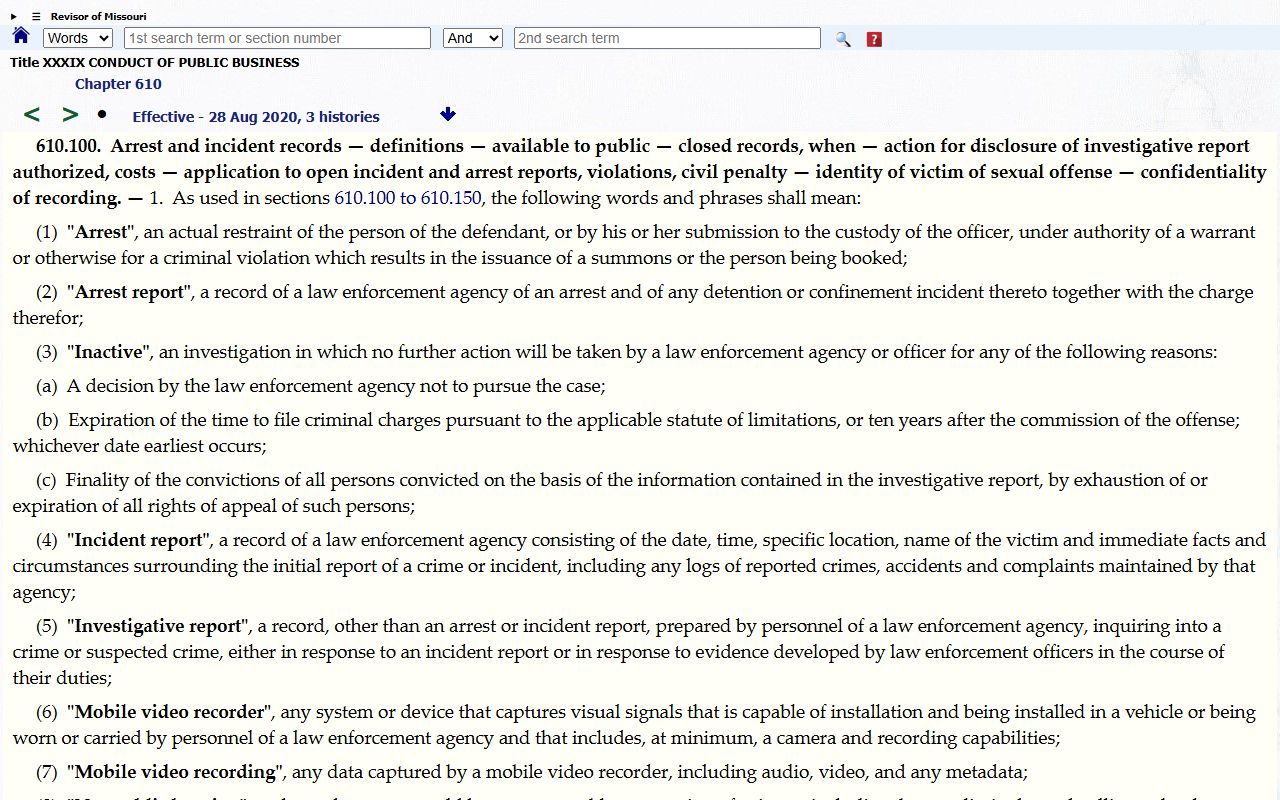 Clay County public records law enforcement statute RSMo 610.100