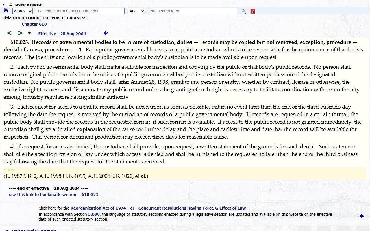 Clay County public records custodian duties under RSMo 610.023