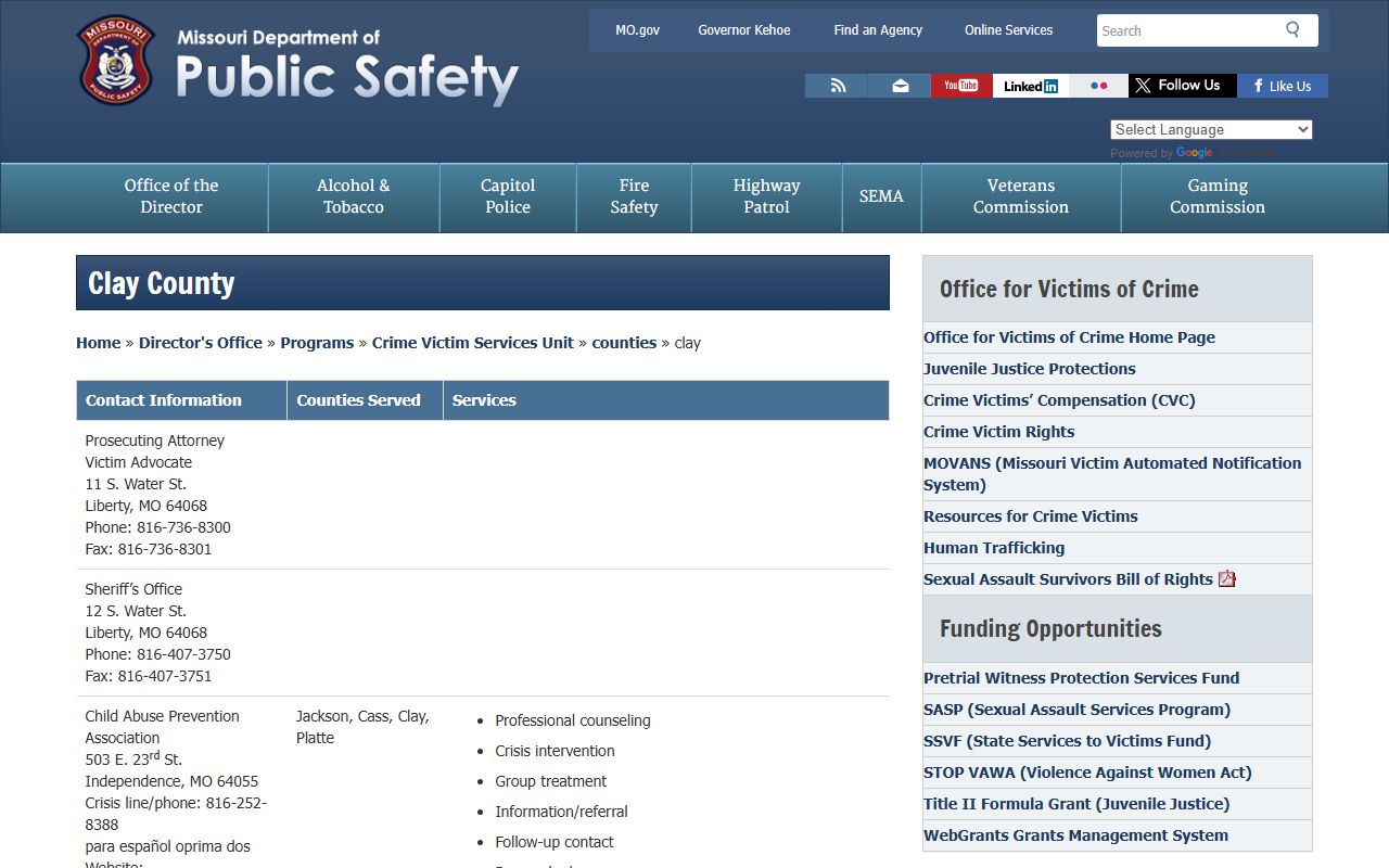 Clay County released inmates DPS victim services resource page